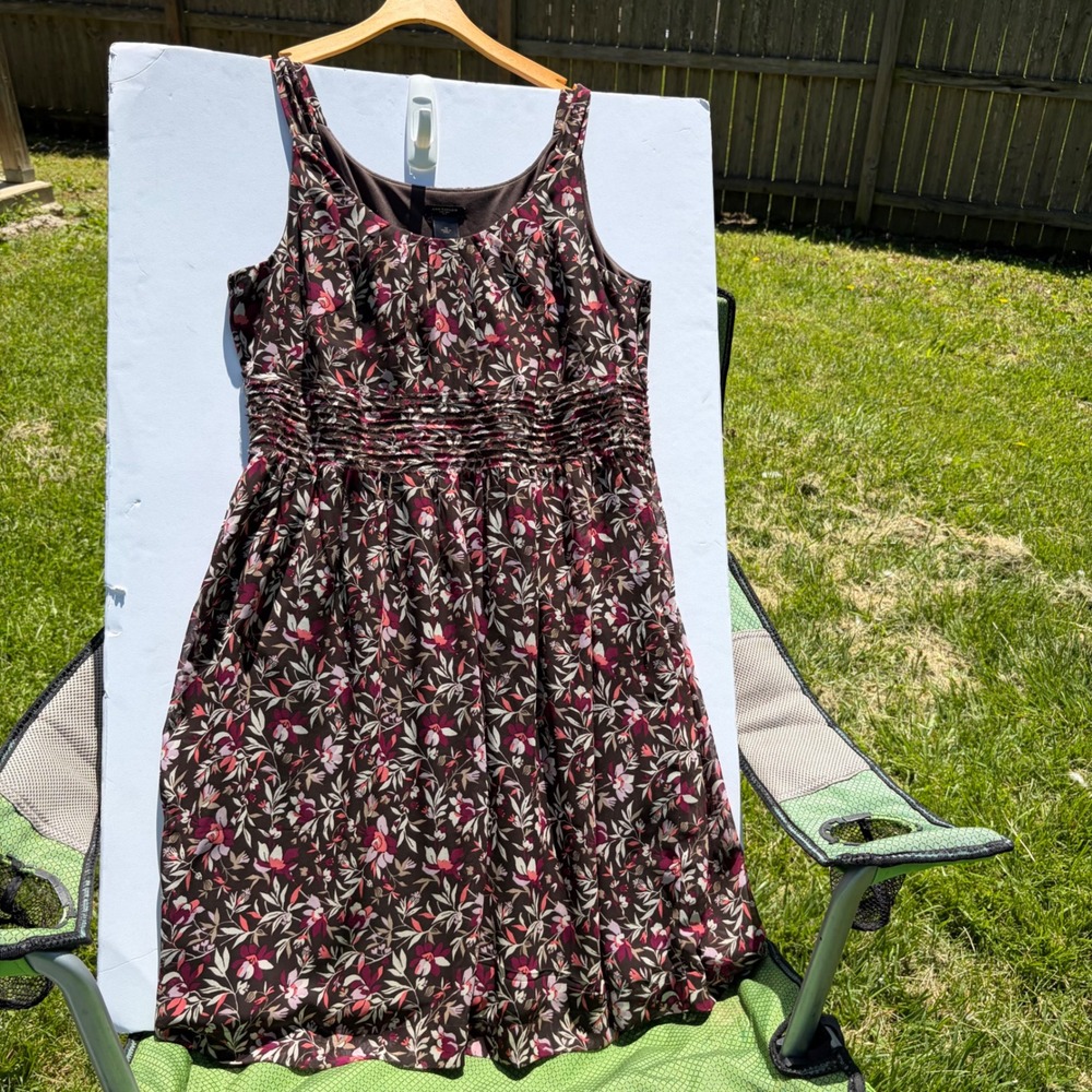Ann Taylor Womens Brown Floral Sleeveless Smocked Empire Waist Lined Dress 12